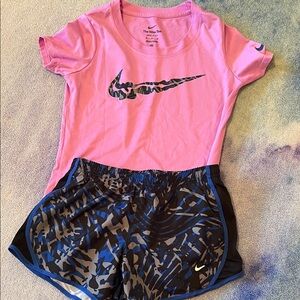 Girls Nike Pink Tee and Blue Patterned Shorts